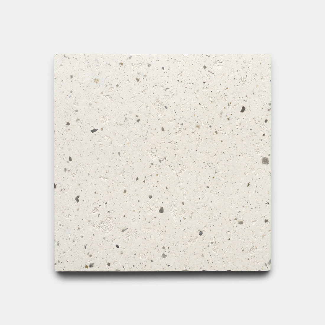 The Caldera 6x6 sample by Zia Tile is a rectangular, off-white terrazzo tile featuring scattered gray and beige stone chips, shown against a plain light gray background.
