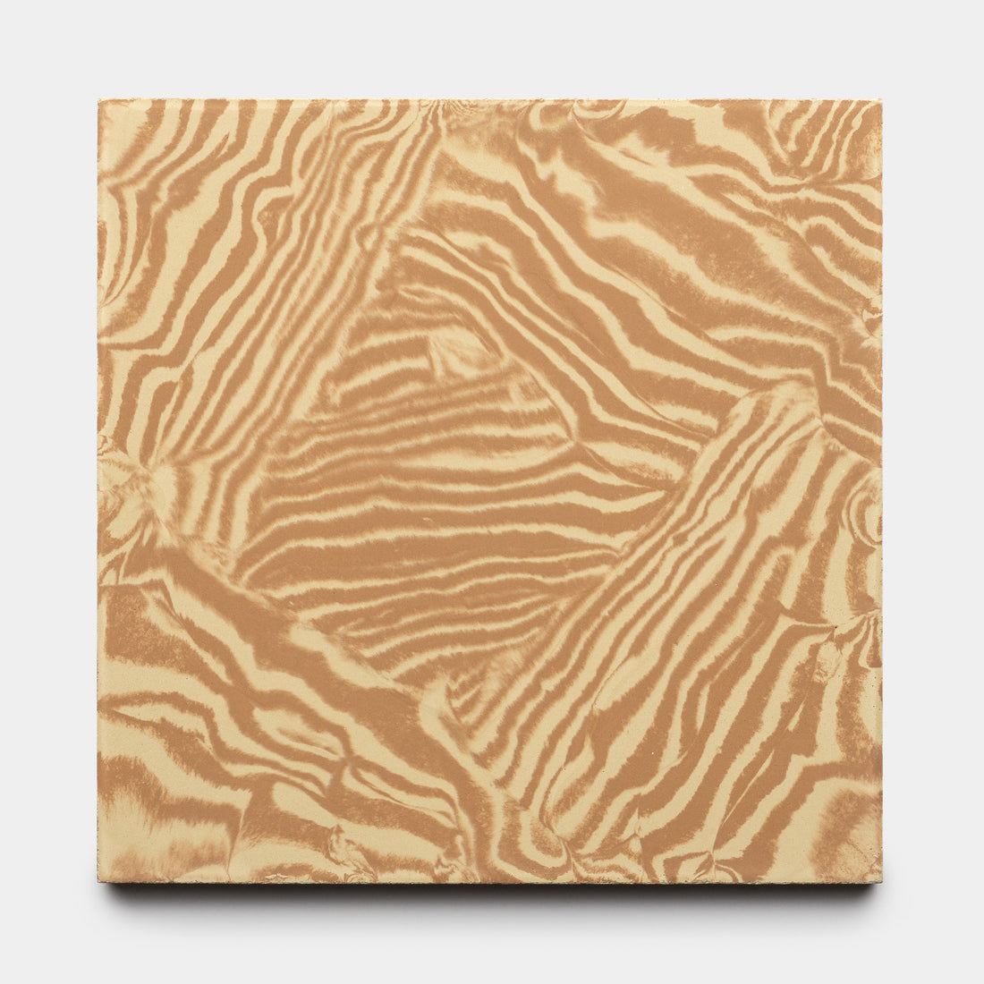 Currents Saddle + Clay 8x8 by Zia Tile features a square canvas with swirling, abstract zebra-inspired patterns in tan and cream on a plain white background, adding movement and texture.