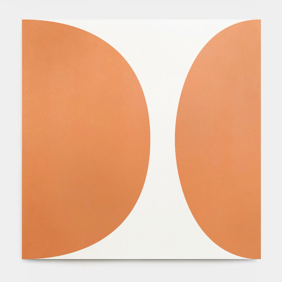 A square artwork features two large symmetrical orange shapes divided by a central white hourglass, evoking the minimalist design of vendor-unknown’s Pomelo Terra Cotta 8x8 tile sample.
