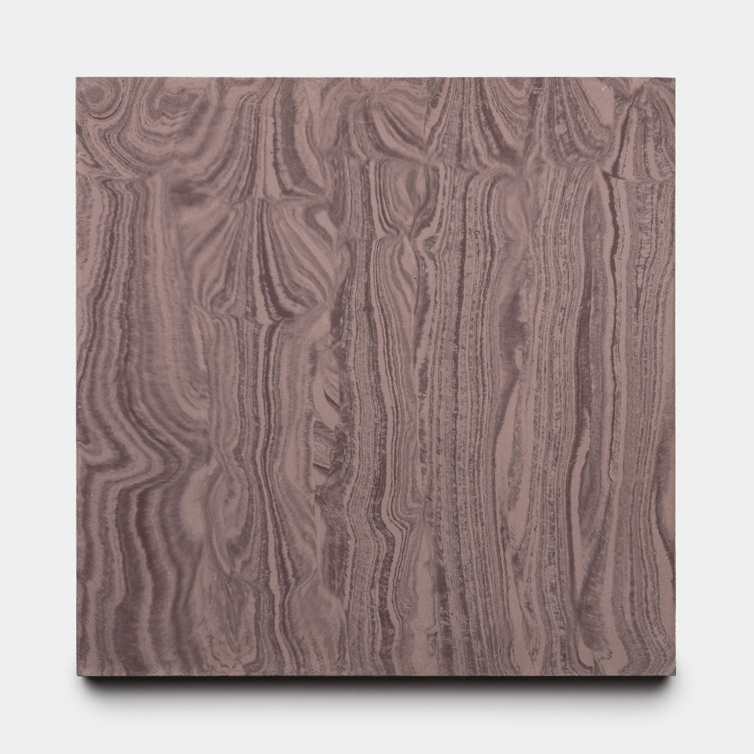 The River Aubergine + Tyrian 8x8 by Zia Tile is a square tile panel featuring flowing, wavy lines and organic swirls in marbled shades of brown and taupe on a light background.