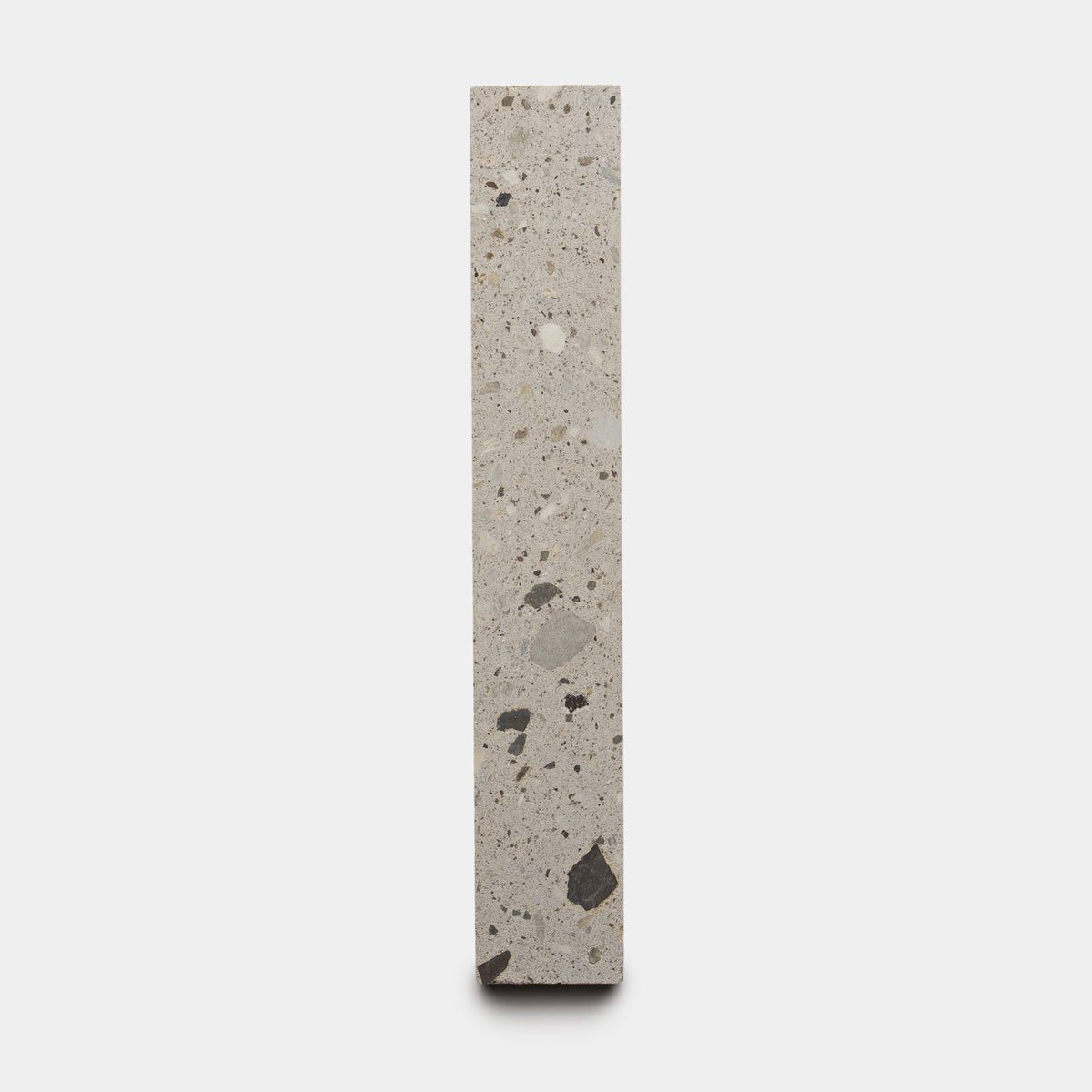 The Acacia 2x12 by Zia Tile is a tall, narrow terrazzo tile featuring a light grey background with scattered dark and light stone fragments, shown upright against a plain white background.