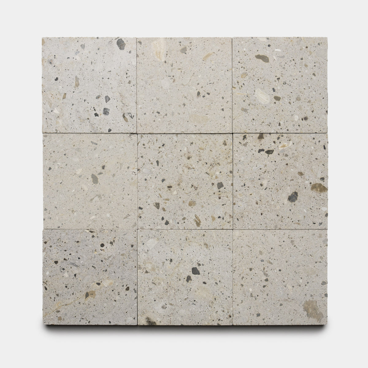 Nine Acacia 6x6 tiles by Zia Tile are arranged in a 3x3 grid on a white background, showcasing a light beige, speckled Cantera stone texture with natural variations and small inclusions throughout.