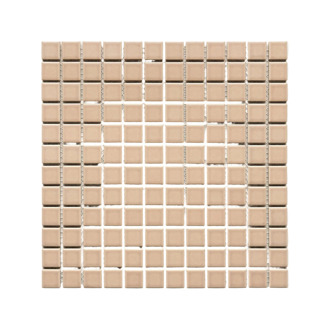 The Zia Tile Afterglow 1x1 sheet displays a grid of small, evenly spaced beige ceramic tiles with thin grout lines, all set against a plain white background.