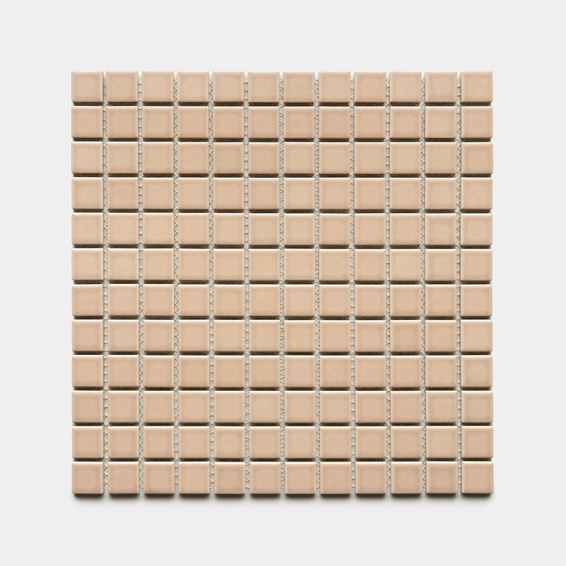 The Zia Tile Afterglow 1x1 sheet displays a grid of small, evenly spaced beige ceramic tiles with thin grout lines, all set against a plain white background.