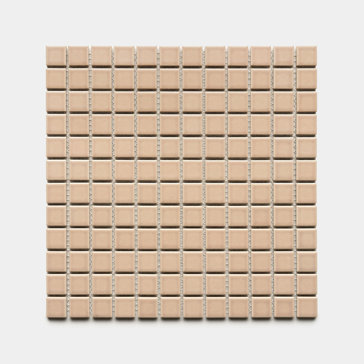 The Zia Tile Afterglow 1x1 sheet displays a grid of small, evenly spaced beige ceramic tiles with thin grout lines, all set against a plain white background.
