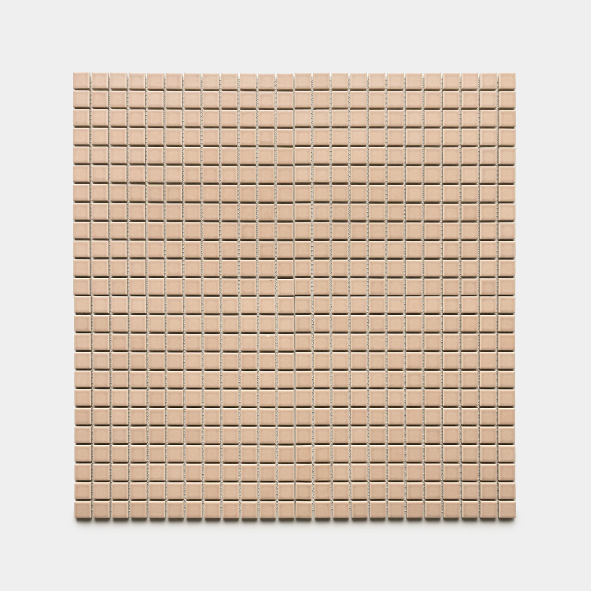 The Afterglow 1x1 by Zia Tile features small, square, beige tiles arranged in a neat grid on a white background.
