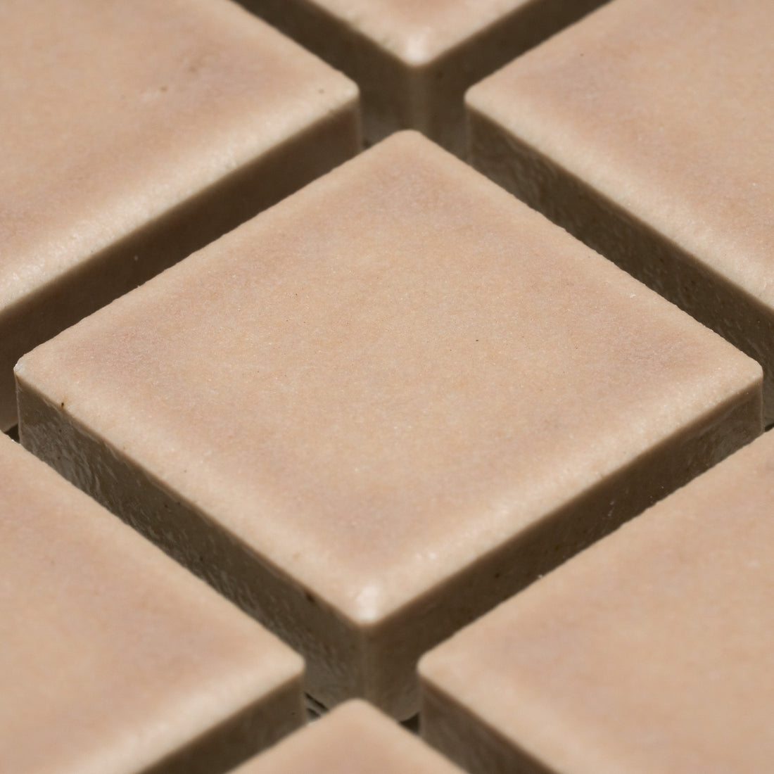 Close-up of Zia Tile's Afterglow 1x1: smooth, square beige tiles arranged in a neat grid with subtle gaps, showcasing their uniform shape and matte finish.