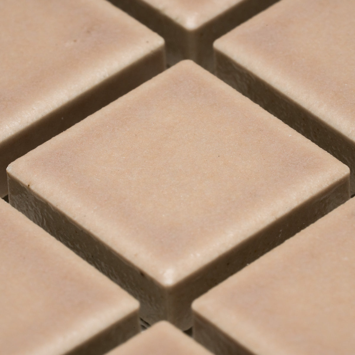 Close-up of Zia Tile's Afterglow 1x1: smooth, square beige tiles arranged in a neat grid with subtle gaps, showcasing their uniform shape and matte finish.