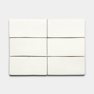 Six Albar 4x8 Rectangle tiles by Zia Tile are arranged in two rows of three on a plain light grey background.