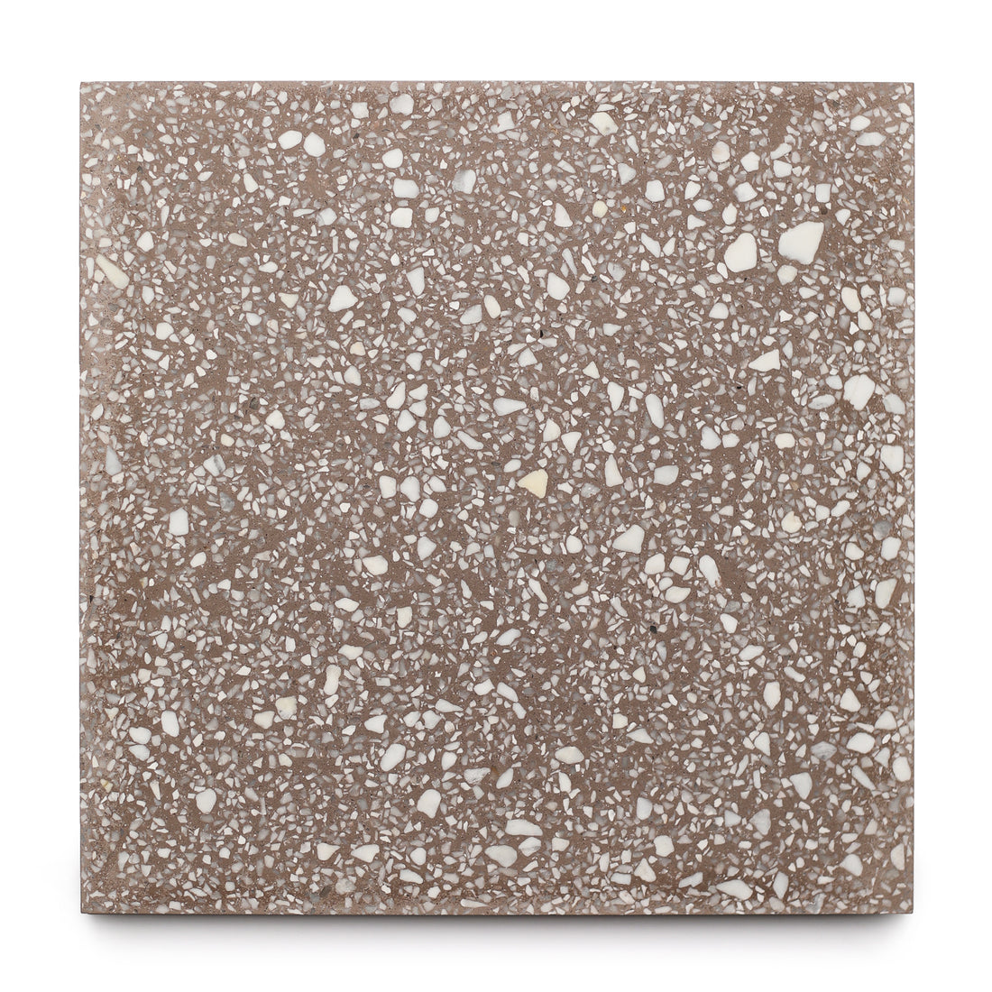 Alexander 6x6 Sample by Zia Tile is a square terrazzo ceramic tile featuring a brown base with scattered white, irregular stone chips, shown on a white background. Add unique texture and style to any space with this standout piece.