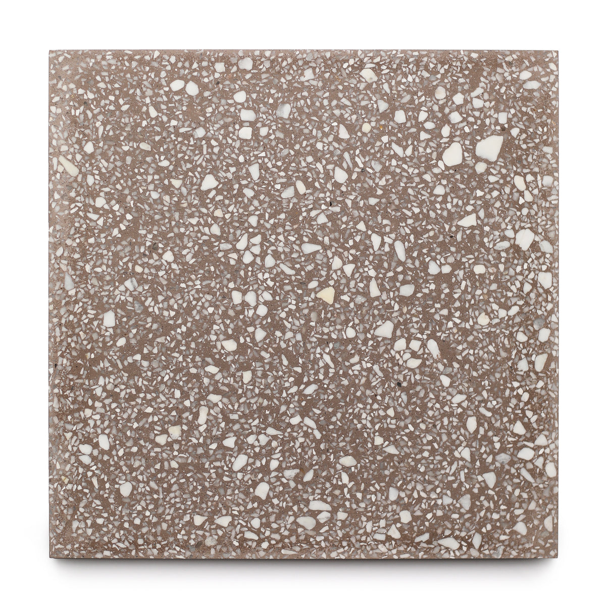 Alexander 6x6 Sample by Zia Tile is a square terrazzo ceramic tile featuring a brown base with scattered white, irregular stone chips, shown on a white background. Add unique texture and style to any space with this standout piece.