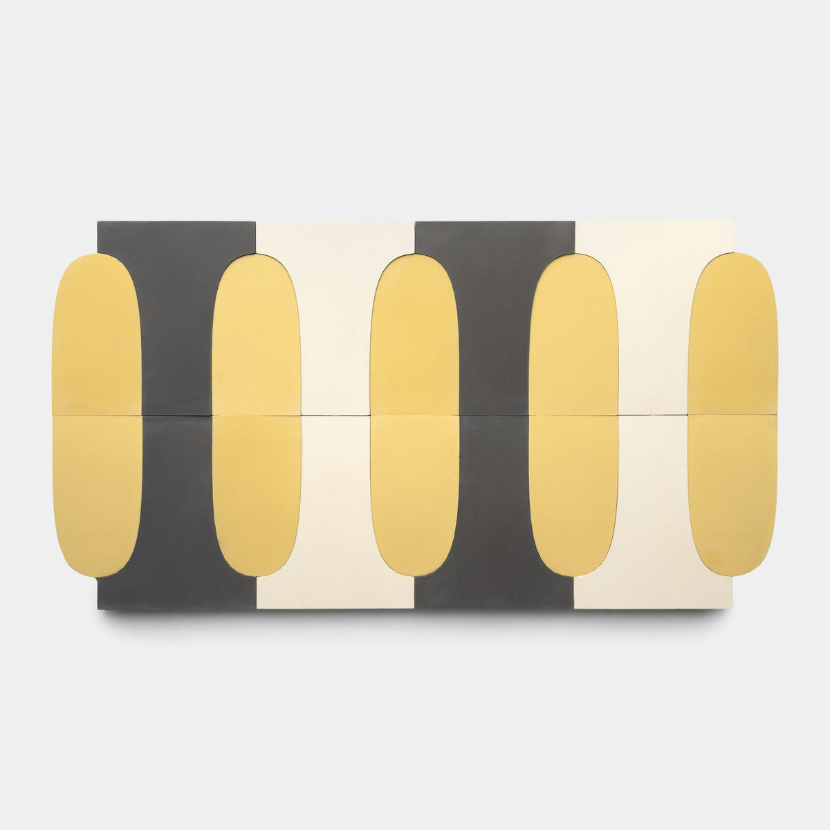 A rectangular artwork with alternating vertical panels in bone, black, and mustard, overlaid with yellow rounded rectangles—echoing the geometric patterns of Zia Tile's Arco Bone + Black + Mustard sample.