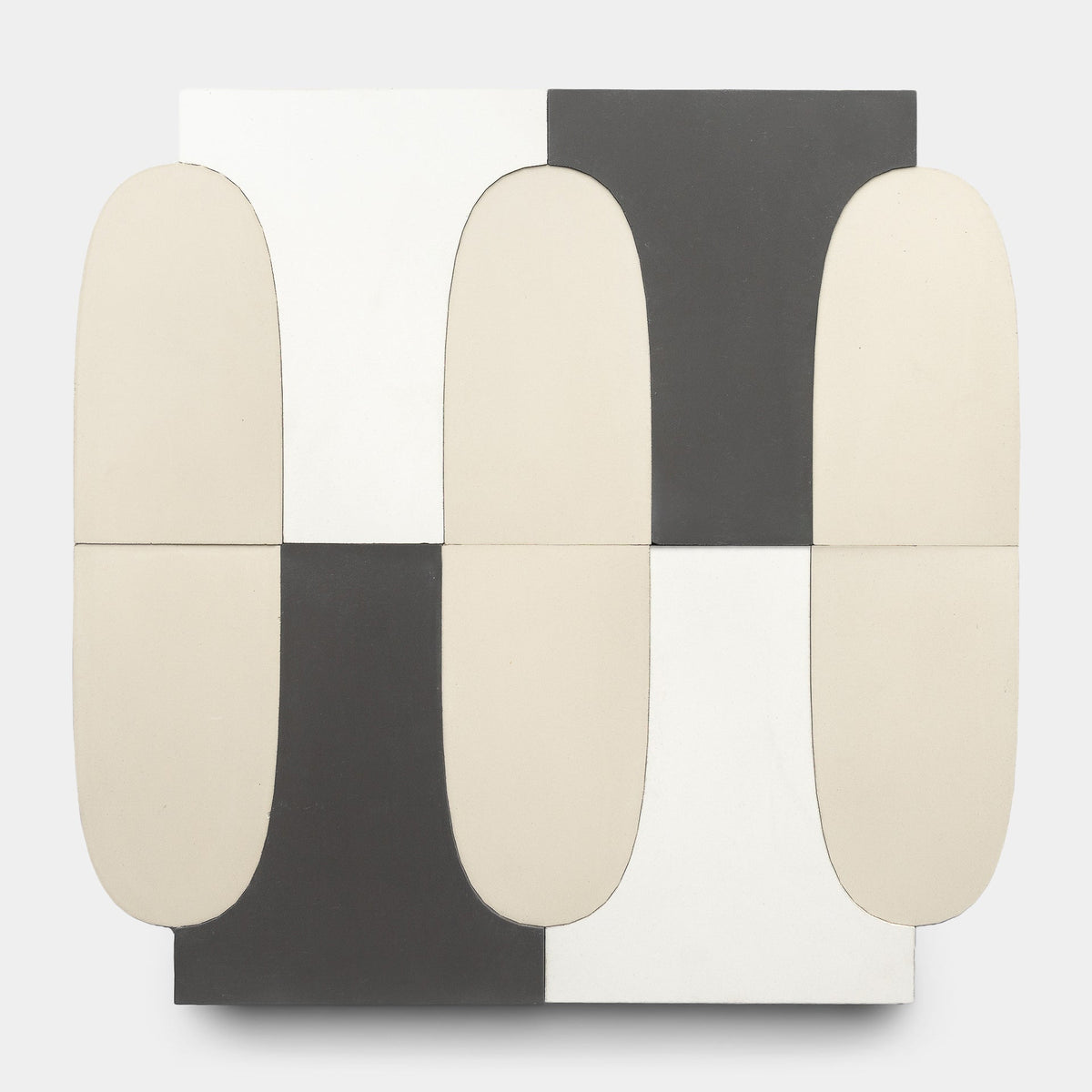 Geometric abstract art featuring four rounded vertical beige shapes on alternating black and white rectangles, echoing the minimalist symmetry of the 