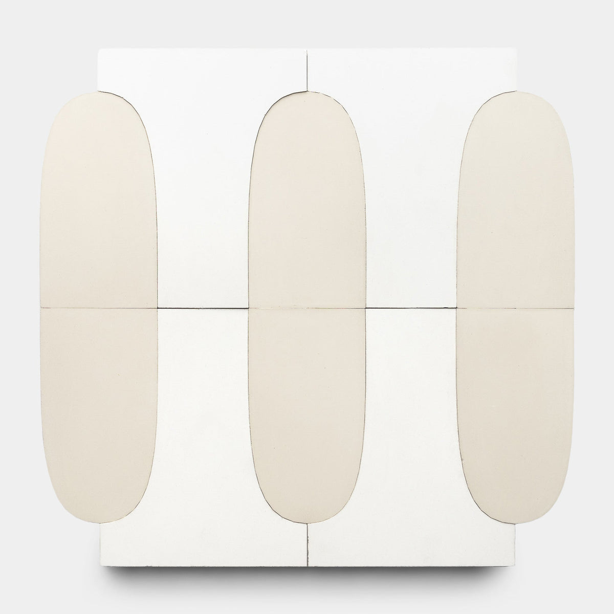 Arco White + Bone Sample by Zia Tile features abstract art inspired by handmade tiles, showing symmetrical elongated beige ovals vertically arranged on a white background, divided into four squares.