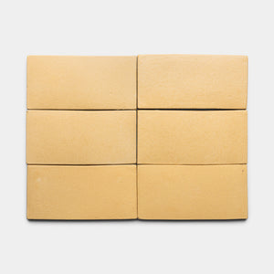 Six Arroyo 4x8 Rectangle tiles by Zia Tile, in light tan, are arranged in two rows of three on a plain white background.