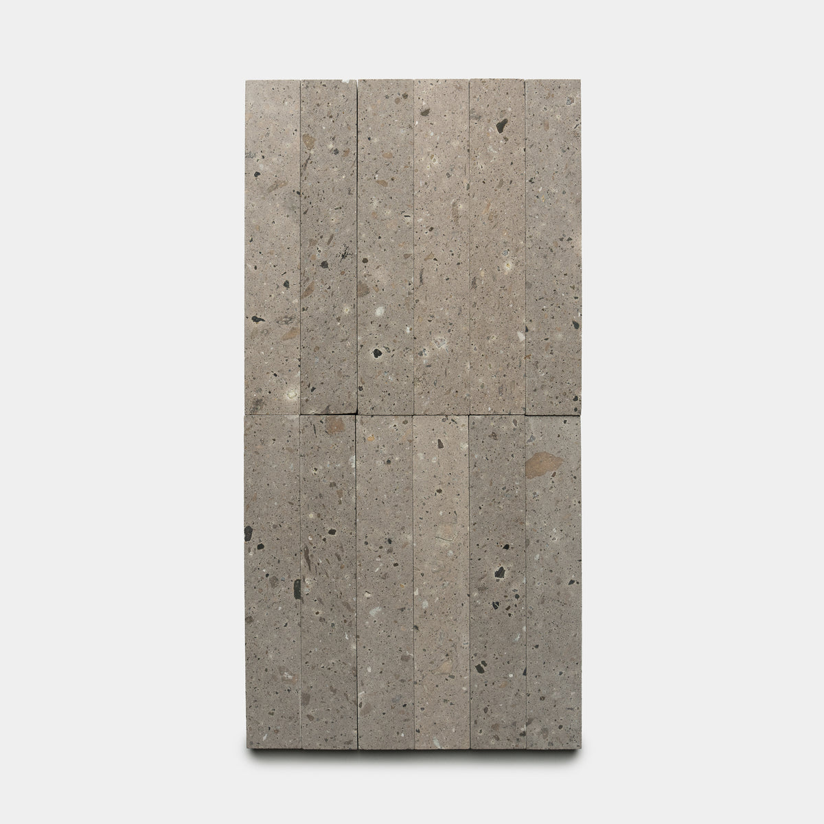 Badlands 2x12 tiles by Zia Tile are rectangular stone tiles with a speckled, textured surface in gray and beige tones. Shown arranged vertically in a staggered pattern on a plain white background.