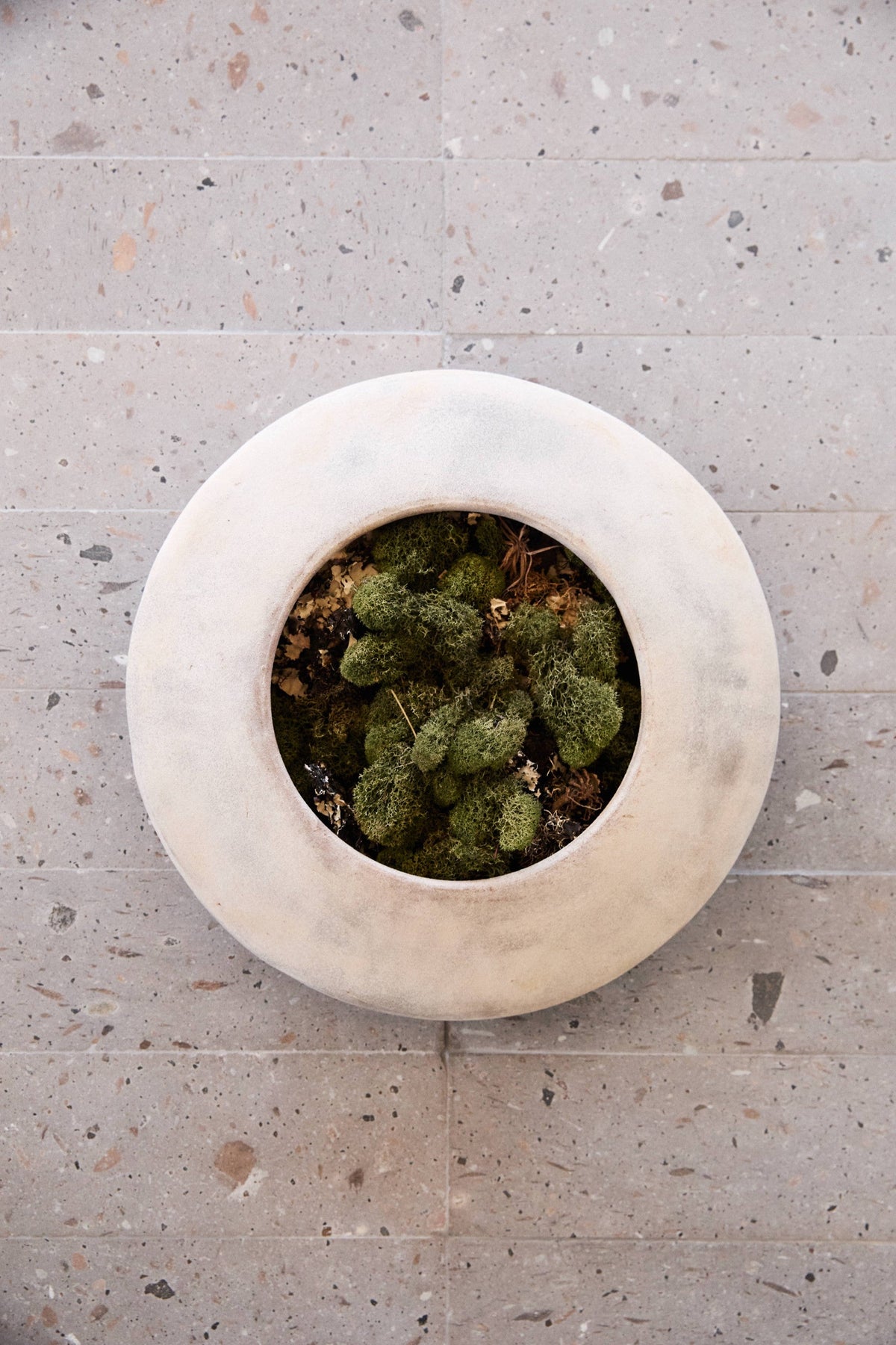 A round white planter filled with green moss sits on a speckled gray stone tile floor, viewed from above.