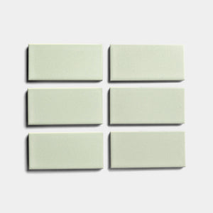 Six Balsam 2x4 rectangular ceramic tiles by Zia Tile, in light gray architectural grade, are arranged in two rows of three on a plain white background—perfect for indoor or outdoor installations.