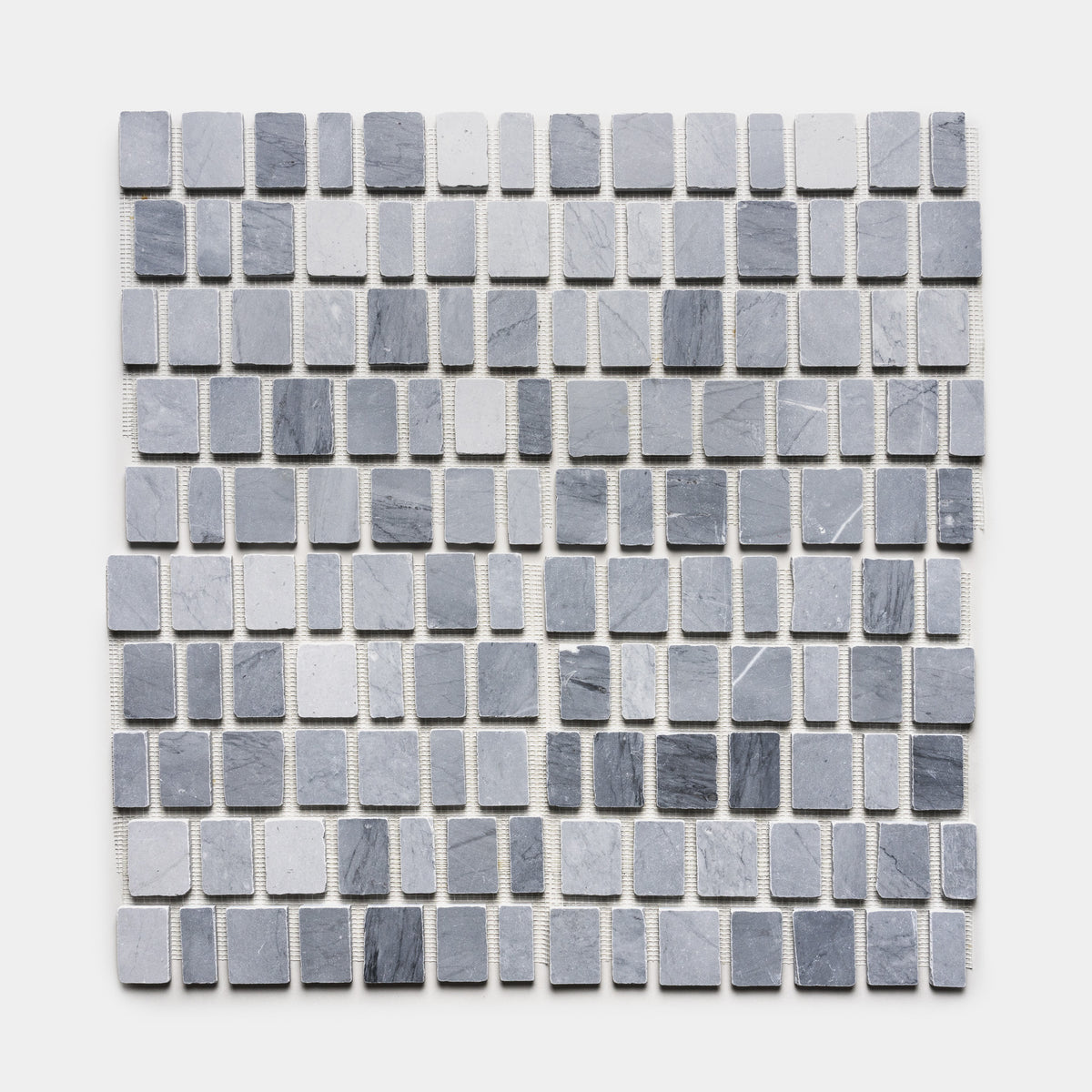 Scarpa in Bardiglio Imperiale by Zia Tile features small square tiles in varying gray shades, arranged in a grid pattern on a white background.