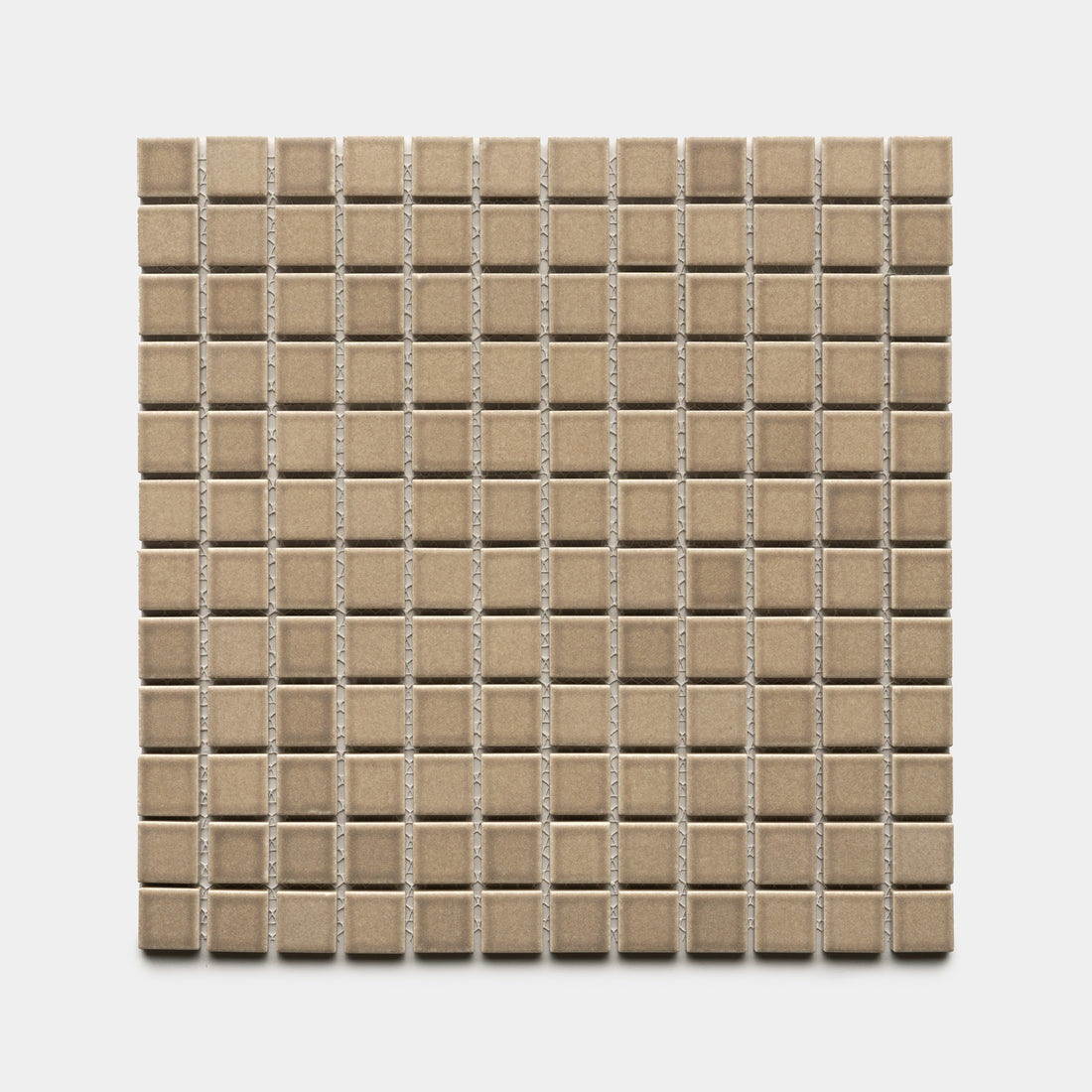 Barley 1x1 by Zia Tile features small, light brown ceramic tiles arranged in a square grid with even rows and columns on a white background.