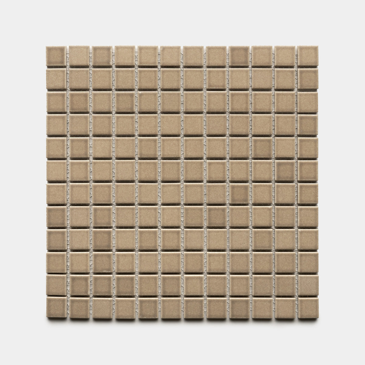 Barley 1x1 by Zia Tile features small, light brown ceramic tiles arranged in a square grid with even rows and columns on a white background.