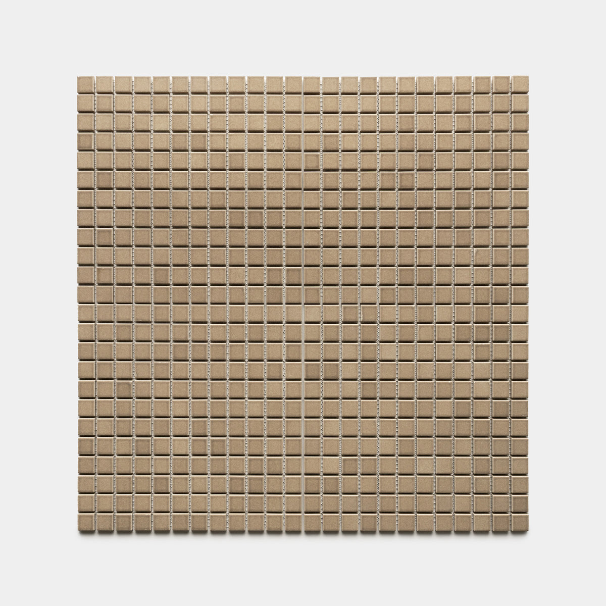 The Barley 1x1 by Zia Tile features small, evenly spaced, light brown mosaic tiles arranged in a grid pattern on a white background.