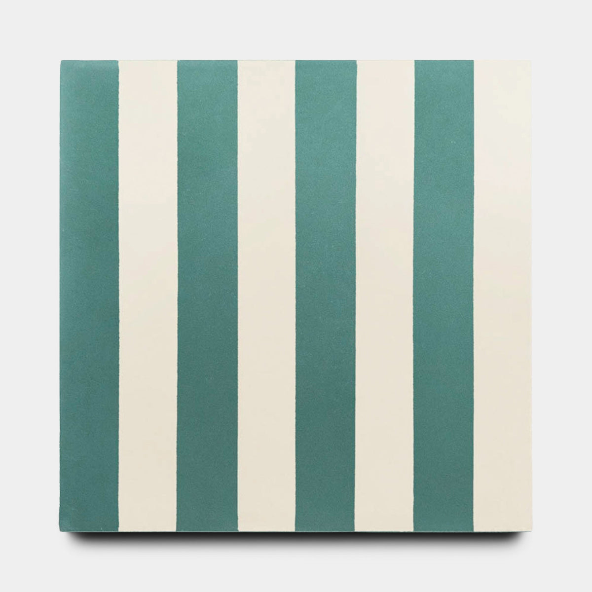 The Bateau Everglade 8x8 sample from Zia Tile is a square handmade tile with alternating vertical stripes in teal and off-white, offering a simple, modern look.