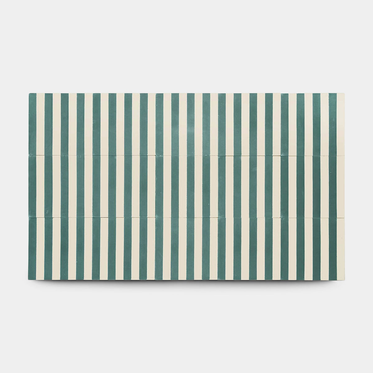 The Bateau Everglade 8x8 Sample by Zia Tile features alternating teal green and off-white vertical stripes, showcasing a bold, graphic pattern inspired by the artistry of handmade tiles.
