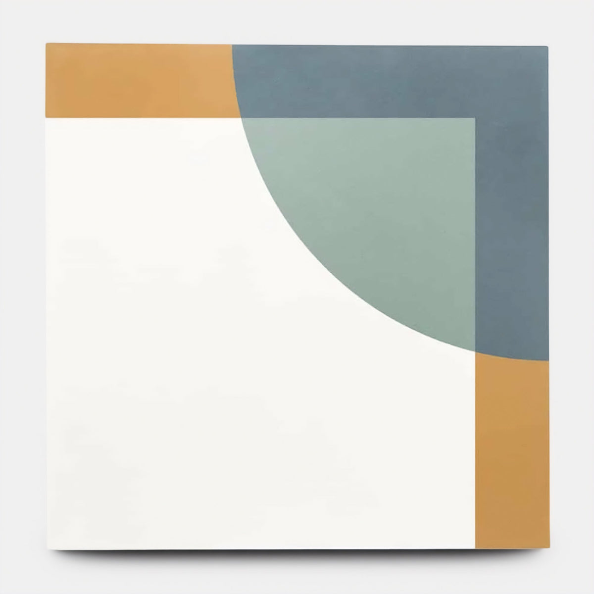 The Bauhaus Hyannis 8x8 Sample by Zia Tile showcases a minimalist, abstract design with a large white square bordered in tan on two sides, accented by overlapping teal and blue quarter-circles in the top right corner.