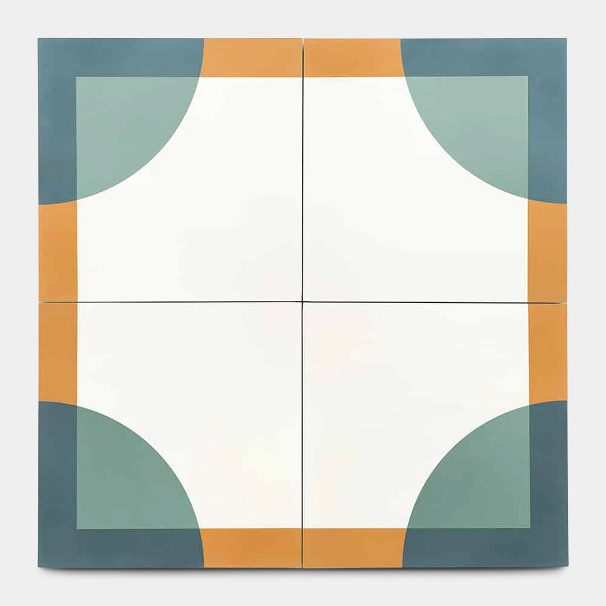 Four Bauhaus Hyannis 8x8 tiles by Zia Tile form a larger square, each featuring a teal quarter-circle, mustard yellow edge, and large white central area for a bold, symmetrical modern look.