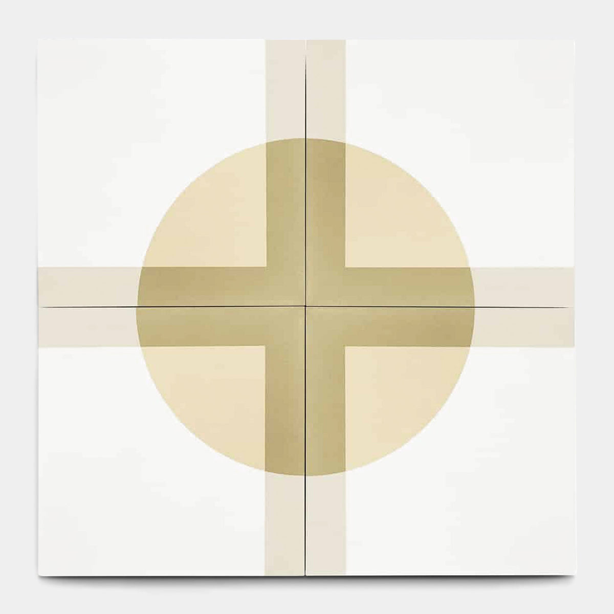 A minimalist artwork with a large pale beige circle centered on white, intersected by two wide bands forming a cross—echoing the clean, geometric balance of the vendor-unknown Bauhaus White 8x8 tile sample.