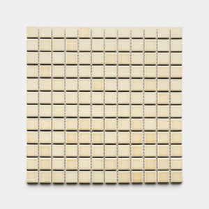 The Birch 1x1 by Zia Tile features small, square, beige ceramic tiles arranged evenly on a white background, creating a mosaic tile sheet effect.