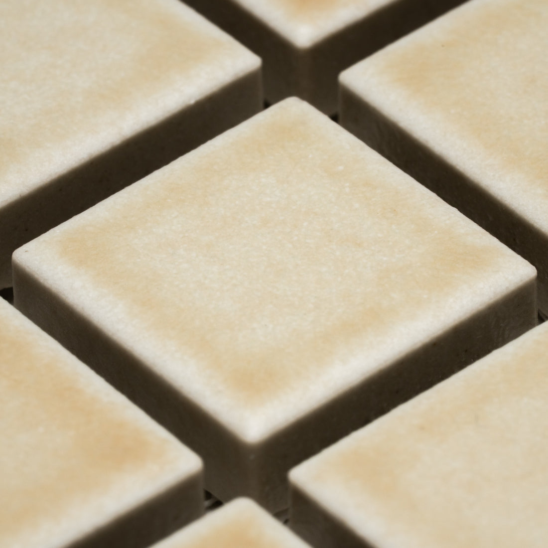 Close-up of Birch 1x1 tiles by Zia Tile, featuring beige squares with slightly rounded edges and subtle color variations, arranged in a smooth grid pattern.