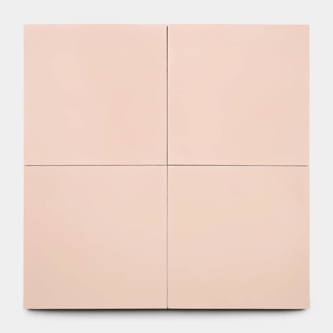 A minimalist artwork inspired by Zia Tile's Bisbee Pink 8x8 tiles, featuring four equal pale pink panels in a 2x2 grid with slim gaps forming a cross at the center, set against a plain background.