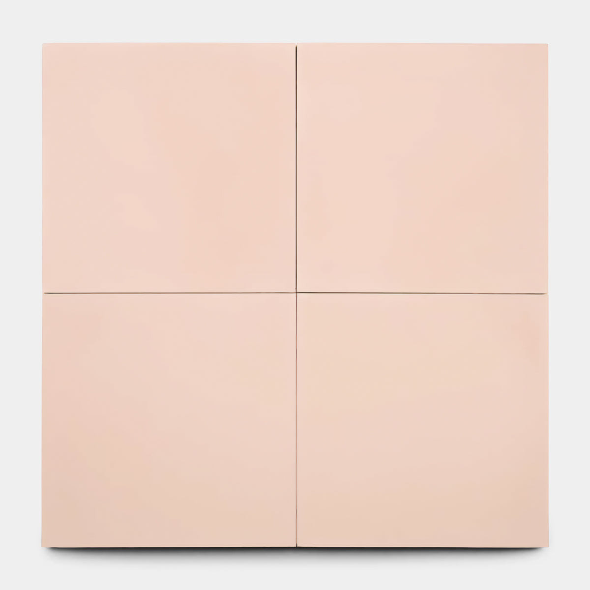 A minimalist artwork inspired by Zia Tile's Bisbee Pink 8x8 tiles, featuring four equal pale pink panels in a 2x2 grid with slim gaps forming a cross at the center, set against a plain background.