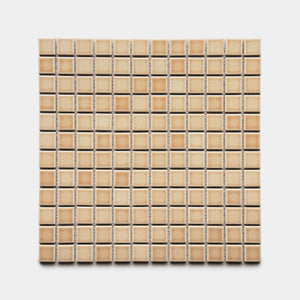 The Zia Tile Biscuit 1x1 features small, square beige ceramic tiles in a grid pattern with light grout lines, shown on a white background.