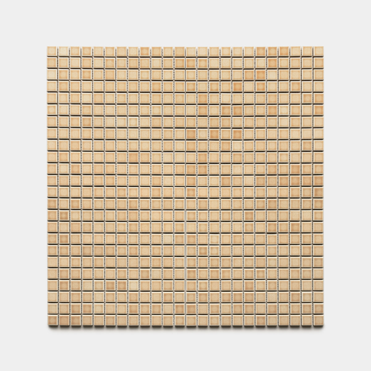 The Zia Tile Biscuit 1x1 is a sheet of small, evenly arranged light beige and tan square tiles, forming a subtle checkerboard mosaic on a white background.