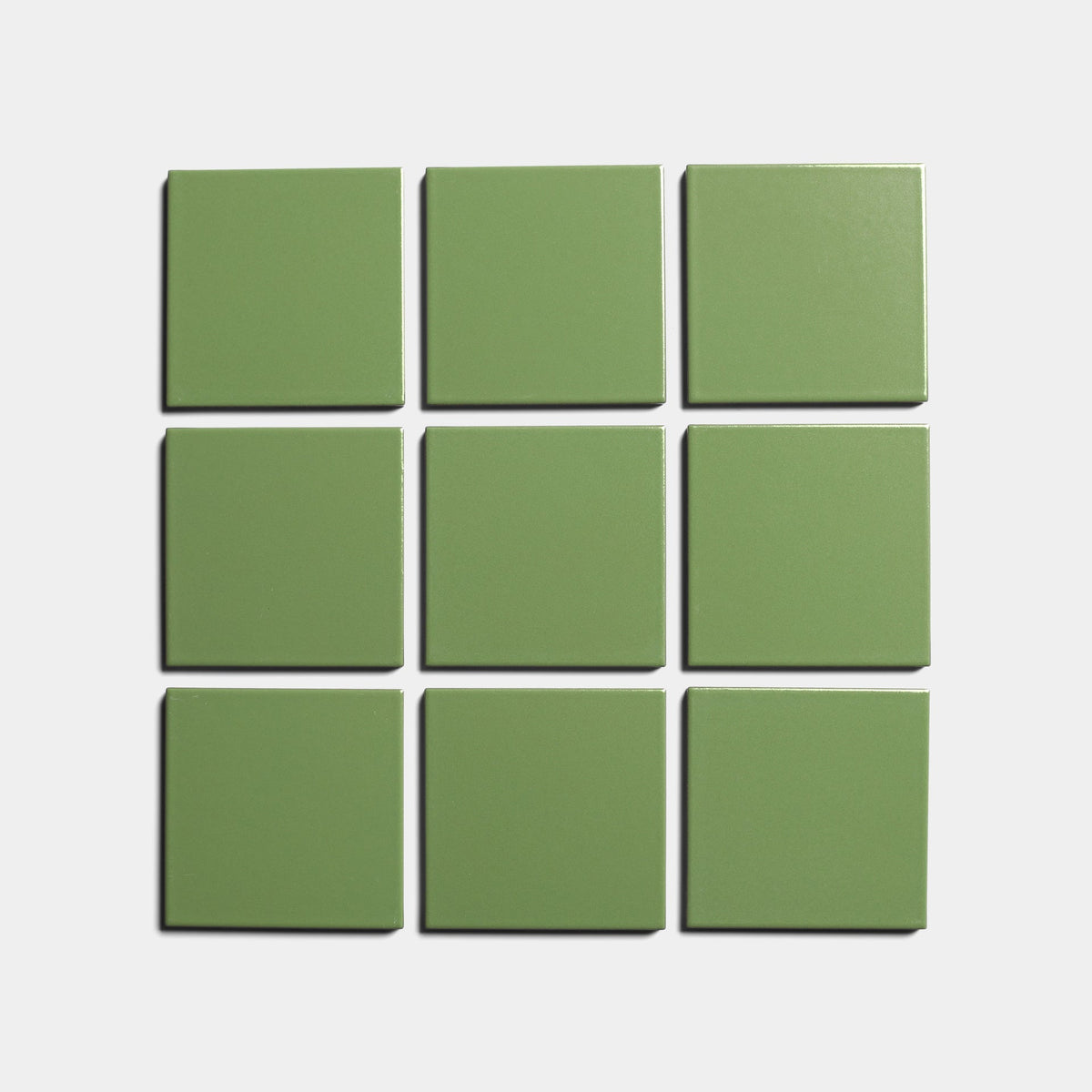 Nine green “Bonsai 4x4” handmade tiles by Zia Tile, arranged in a 3x3 grid on a white background.
