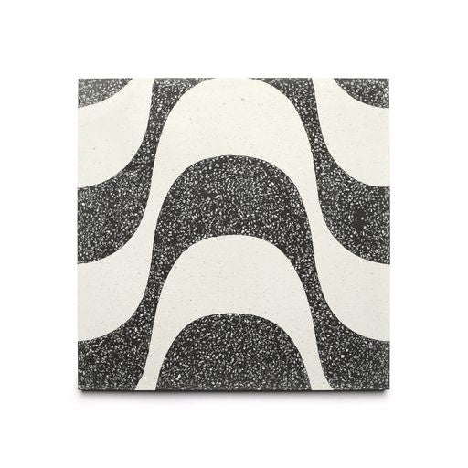 The Bossa Nova Ash White 12x12 tile sample by Zia Tile features an abstract wavy design, with textured black speckled white and smooth Ash White curves for a striking undulating look.