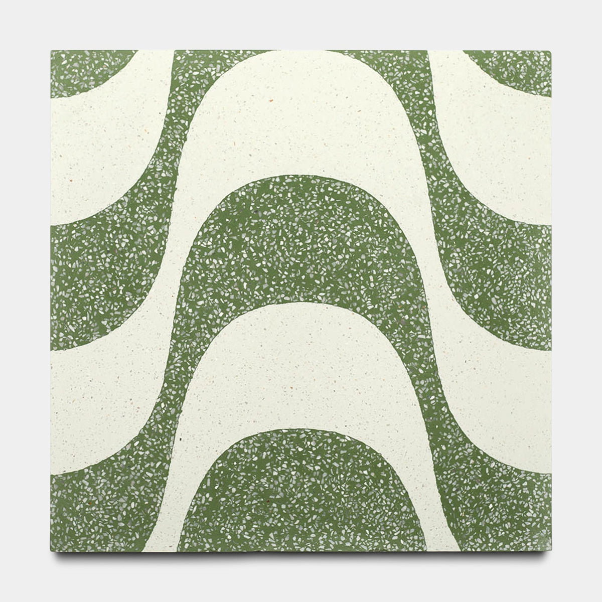 The Bossa Nova Saguaro 12x12 sample by Zia Tile is a square tile with repeating green and off-white wavy patterns, speckled green sections, and an optical illusion of curved arches.