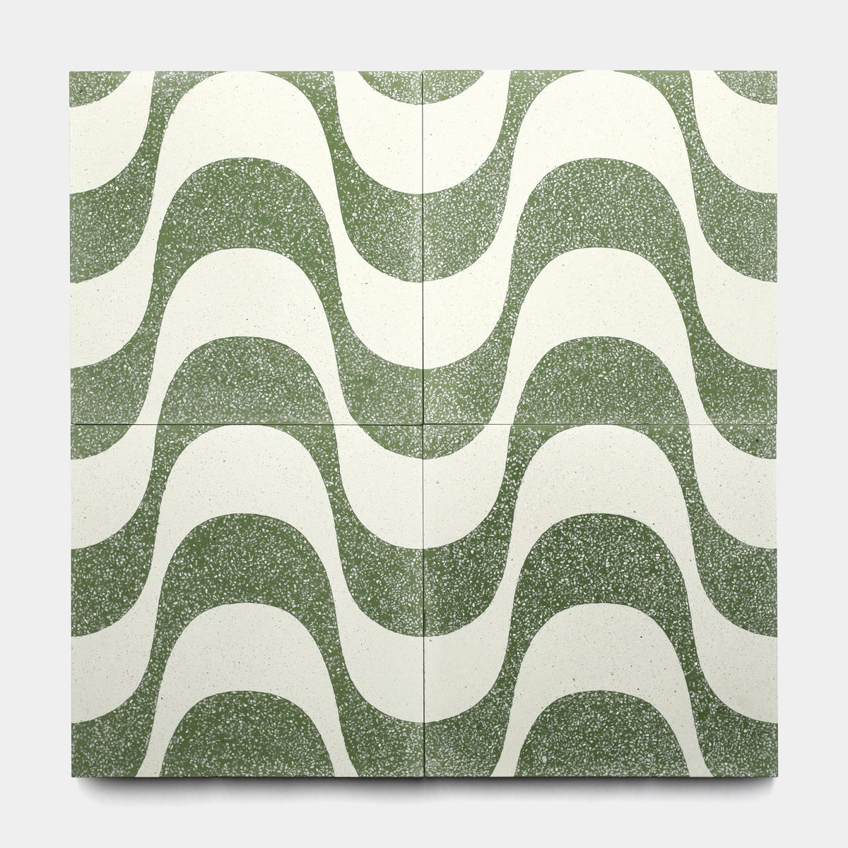 Four Bossa Nova Saguaro 12x12 tiles from Zia Tile arranged together display wavy green and white lines that align for a seamless, undulating Bossa Nova design across the surfaces.