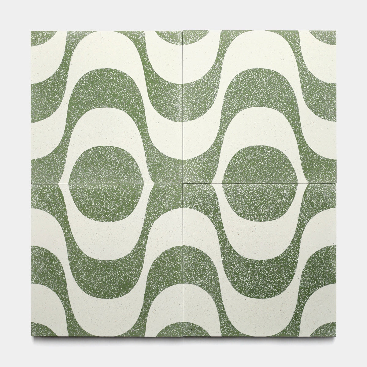Four Bossa Nova Saguaro 12x12 tiles from Zia Tile, arranged in a grid, display a retro wavy green and white pattern with concentric ovals and speckled texture for a seamless, symmetrical look. Sample size.