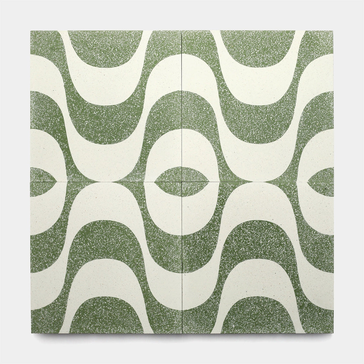 Four Bossa Nova Saguaro 12x12 tiles by Zia Tile, arranged in a grid, showcase a retro wavy olive green and off-white pattern with an abstract, symmetrical eye-like design inspired by the relaxed Bossa Nova vibe.