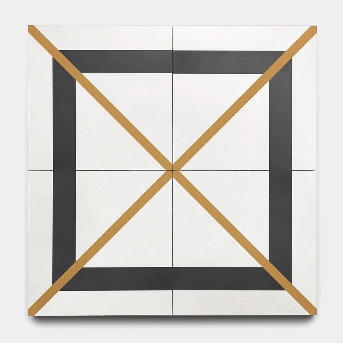 Four Brixton 8x8 tiles by vendor-unknown form a square geometric artwork with a bold black square outline and two gold diagonal lines crossing the center.