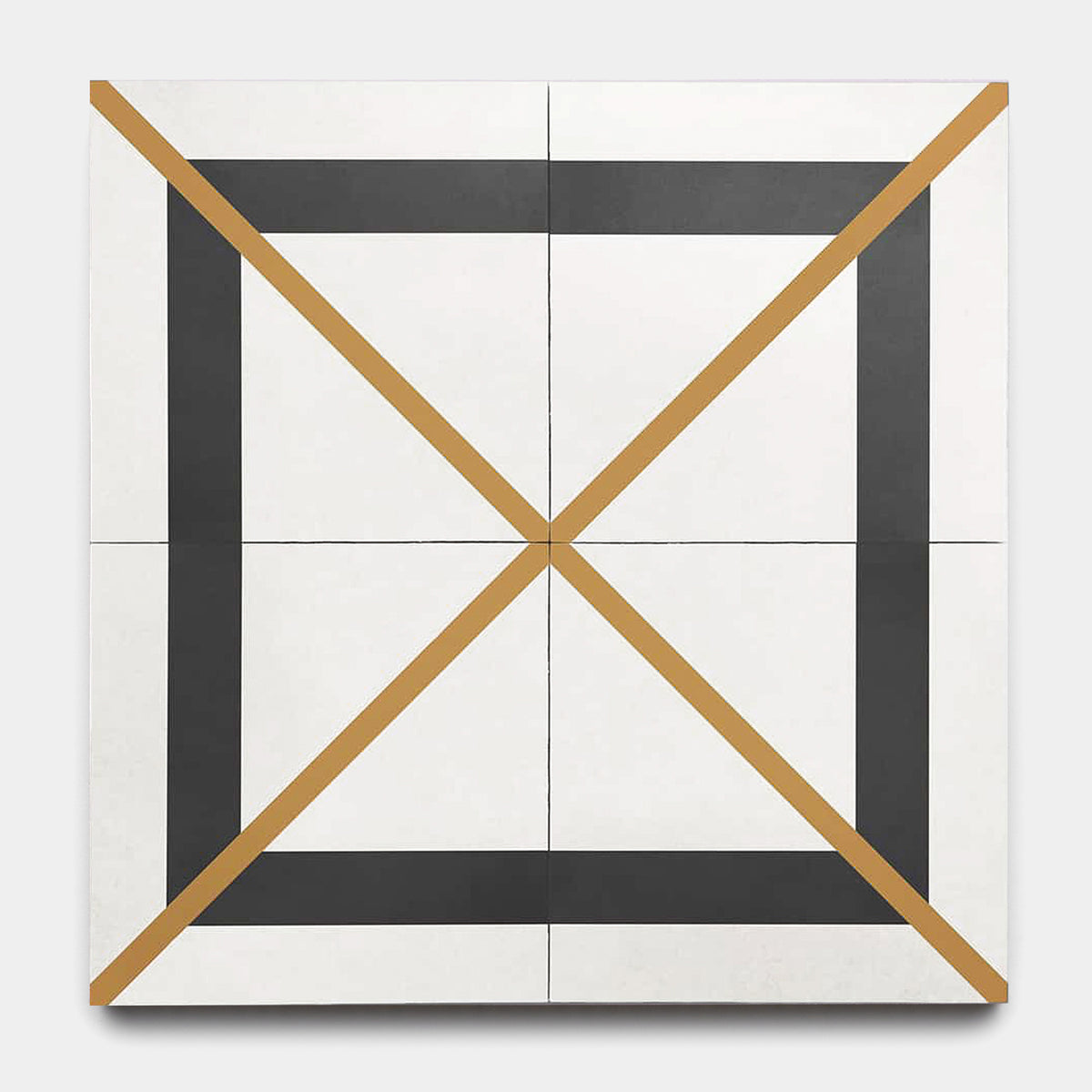 Four Brixton 8x8 tiles by vendor-unknown form a square geometric artwork with a bold black square outline and two gold diagonal lines crossing the center.