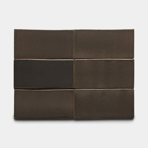 Six Zia Tile Cacao 4x8 rectangular matte dark brown tiles are arranged in two rows of three on a plain white background.