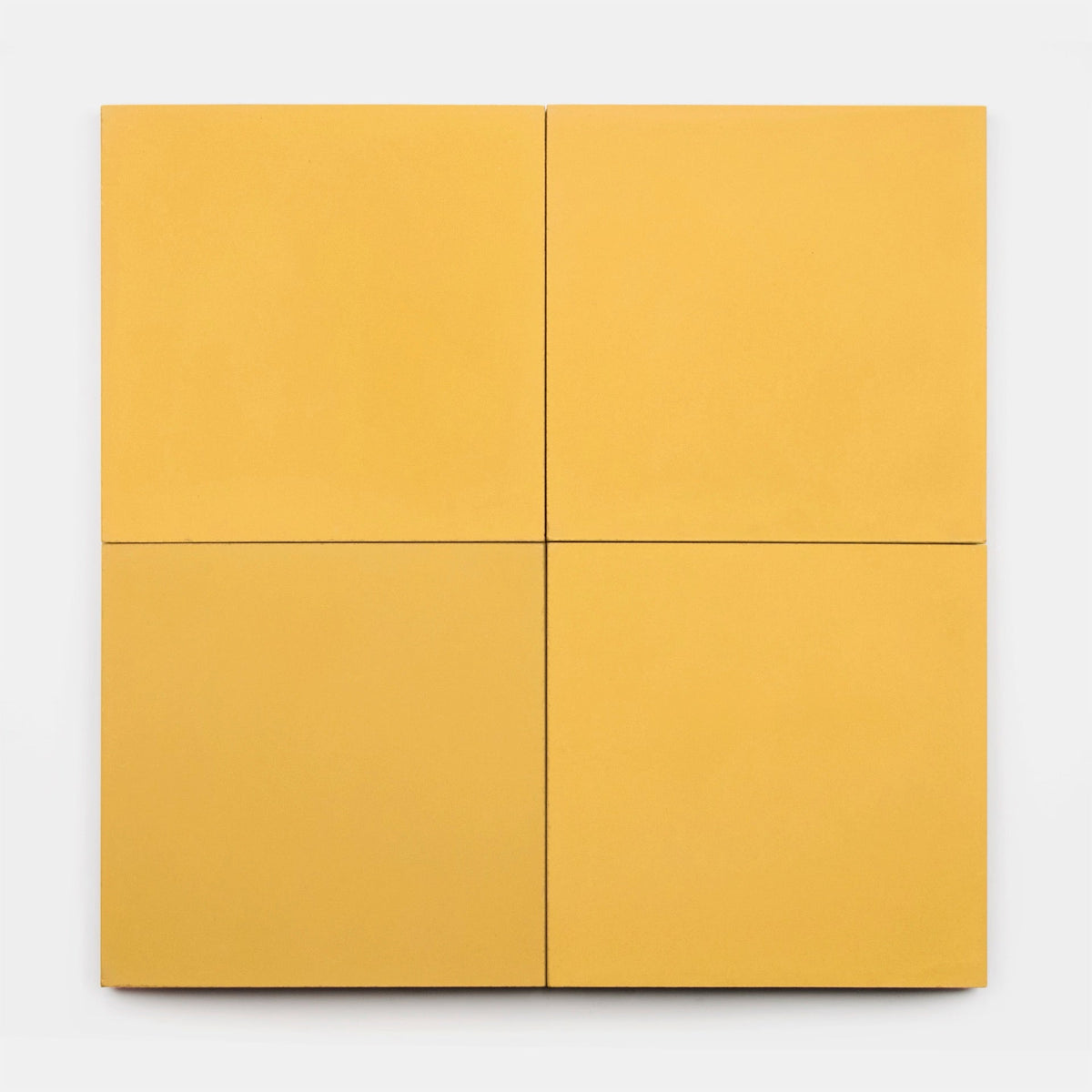 Four rectangular yellow panels, inspired by Zia Tile’s Cadmium 2x6 Sample, are arranged in a minimalistic grid with thin black lines, creating a modern geometric look against a plain white background.