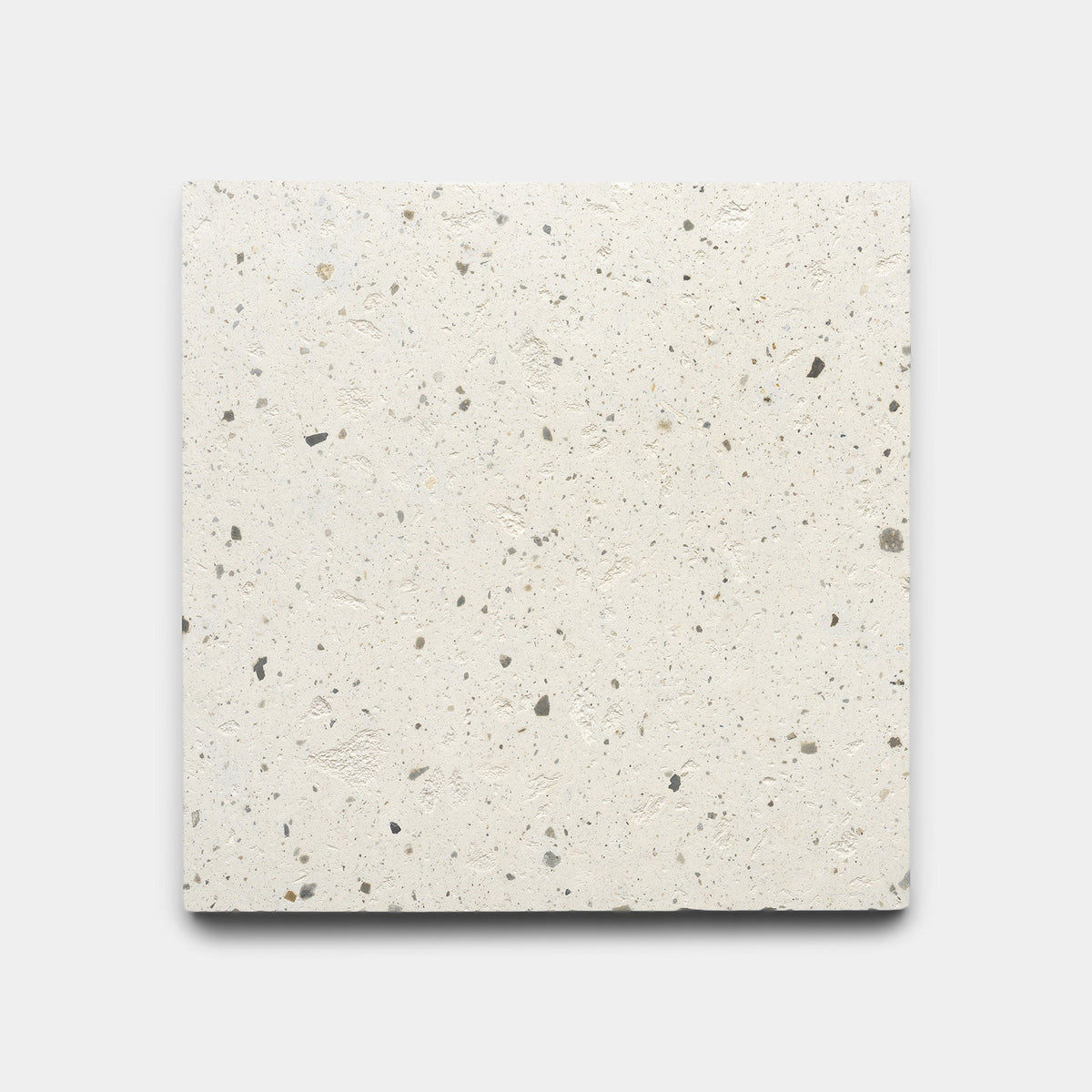 The Caldera 6x6 sample by Zia Tile is a rectangular, off-white terrazzo tile featuring scattered gray and beige stone chips, shown against a plain light gray background.