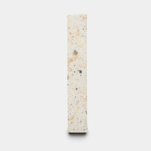 The Caldera 2x12 by Zia Tile is a tall, narrow rectangular slab of light terrazzo with small gray and beige stone fragments, displayed upright against a plain white background.