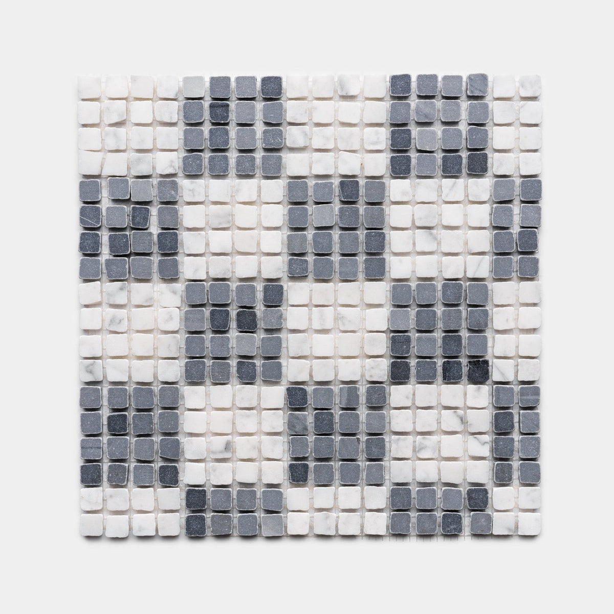 Check in Carrara + Bardiglio Imperiale by Zia Tile features a square mosaic of small, alternating white and gray tiles in a geometric checkerboard pattern on a light gray background.